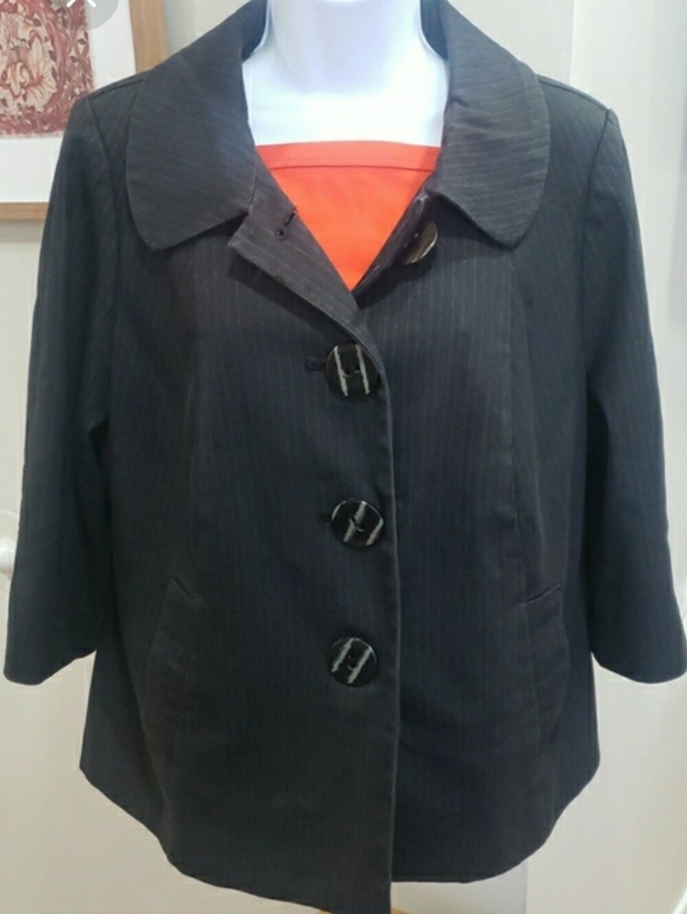 Lane Bryant Black Pinstripe Three-Quarter Blazer with Bold Buttons, Size 14